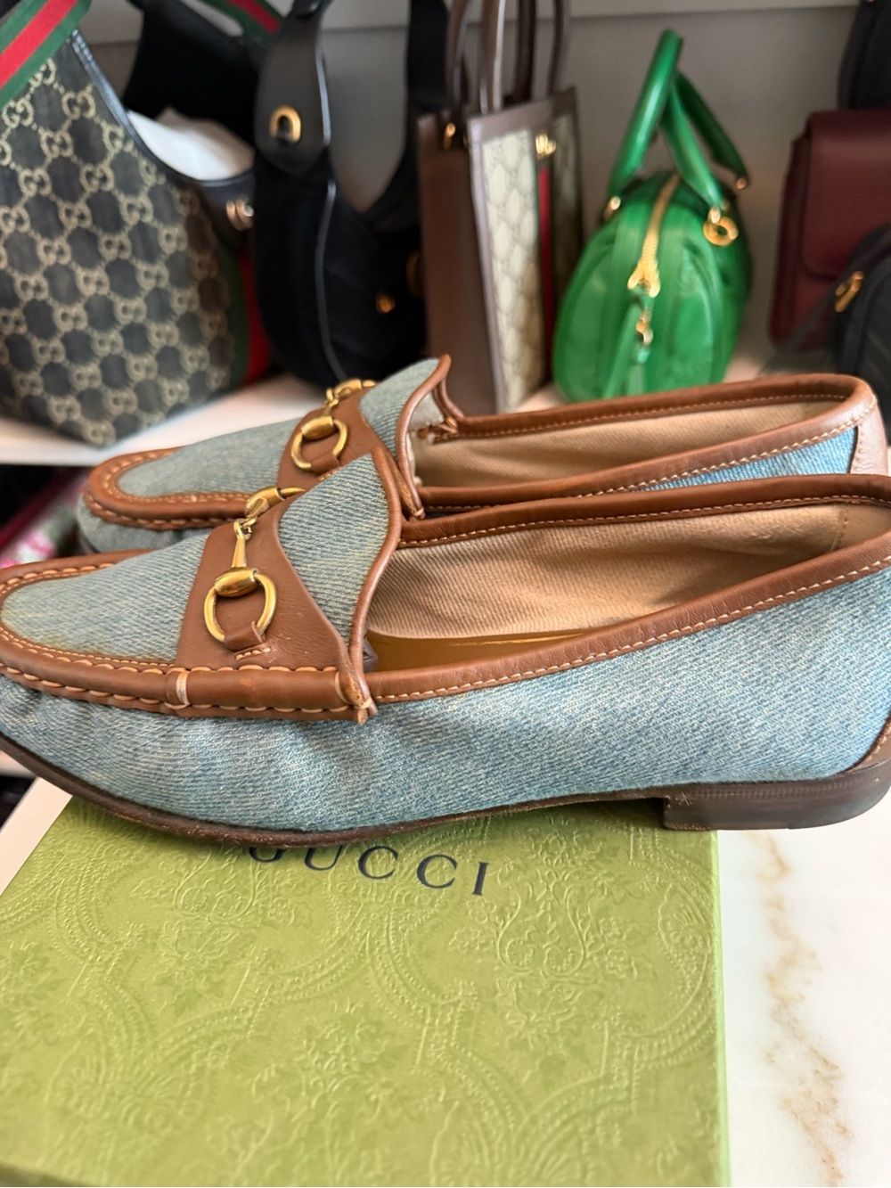 Gucci Denim & Brown Leather Horsebit Loafers - Picture 4 of 7